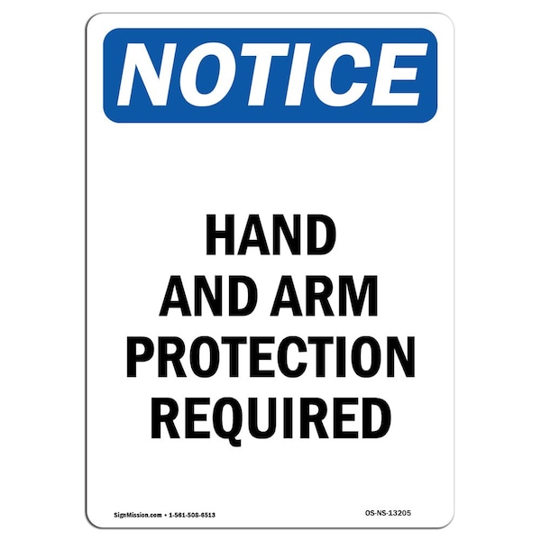 OSHA Sign, Hand And Arm Protection Required, 5in X 3.5in Decal, 10PK, 3.5" W, 5" H, Portrait, PK10